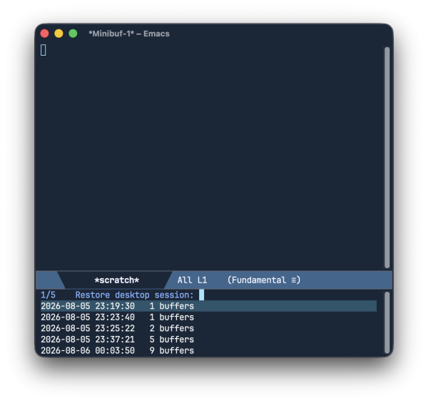 Emacs minibuffer showing a list of sessions to choose for restoring. Each entry shows the timestamp of last snapshot and number of buffers in that session.