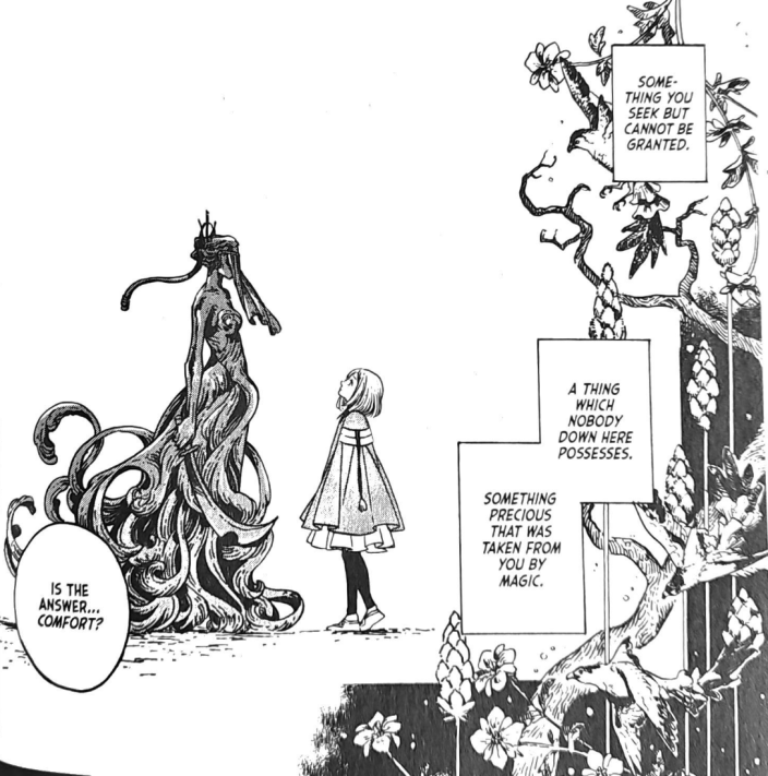 A black and white manga panel from Witch Hat Atelier shows a young girl in a cloak standing before a tall, ethereal figure with flowing hair and a crown. The girl tries to answer a riddle: 'Something you seek but cannot be granted. A thing which nobody down here possesses. Something precious that was taken from you by magic.' The girl's speech bubble reads: 'Is the answer... comfort?'