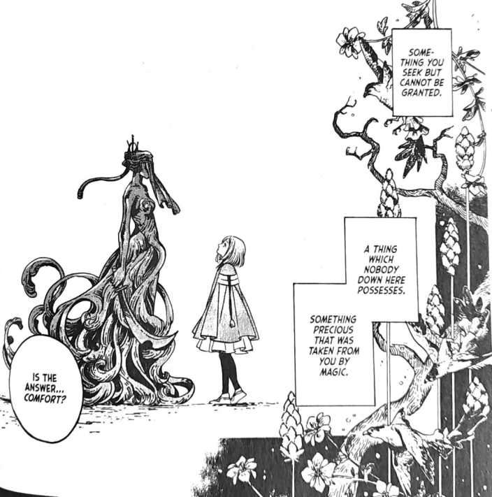 A black and white manga panel from Witch Hat Atelier shows a young girl in a cloak standing before a tall, ethereal figure with flowing hair and a crown. The girl tries to answer a riddle: 'Something you seek but cannot be granted. A thing which nobody down here possesses. Something precious that was taken from you by magic.' The girl's speech bubble reads: 'Is the answer... comfort?' A black and white manga panel from Witch Hat Atelier shows a young girl in a cloak standing before a tall, ethereal figure with flowing hair and a crown. The girl tries to answer a riddle: 'Something you seek but cannot be granted. A thing which nobody down here possesses. Something precious that was taken from you by magic.' The girl's speech bubble reads: 'Is the answer... comfort?'